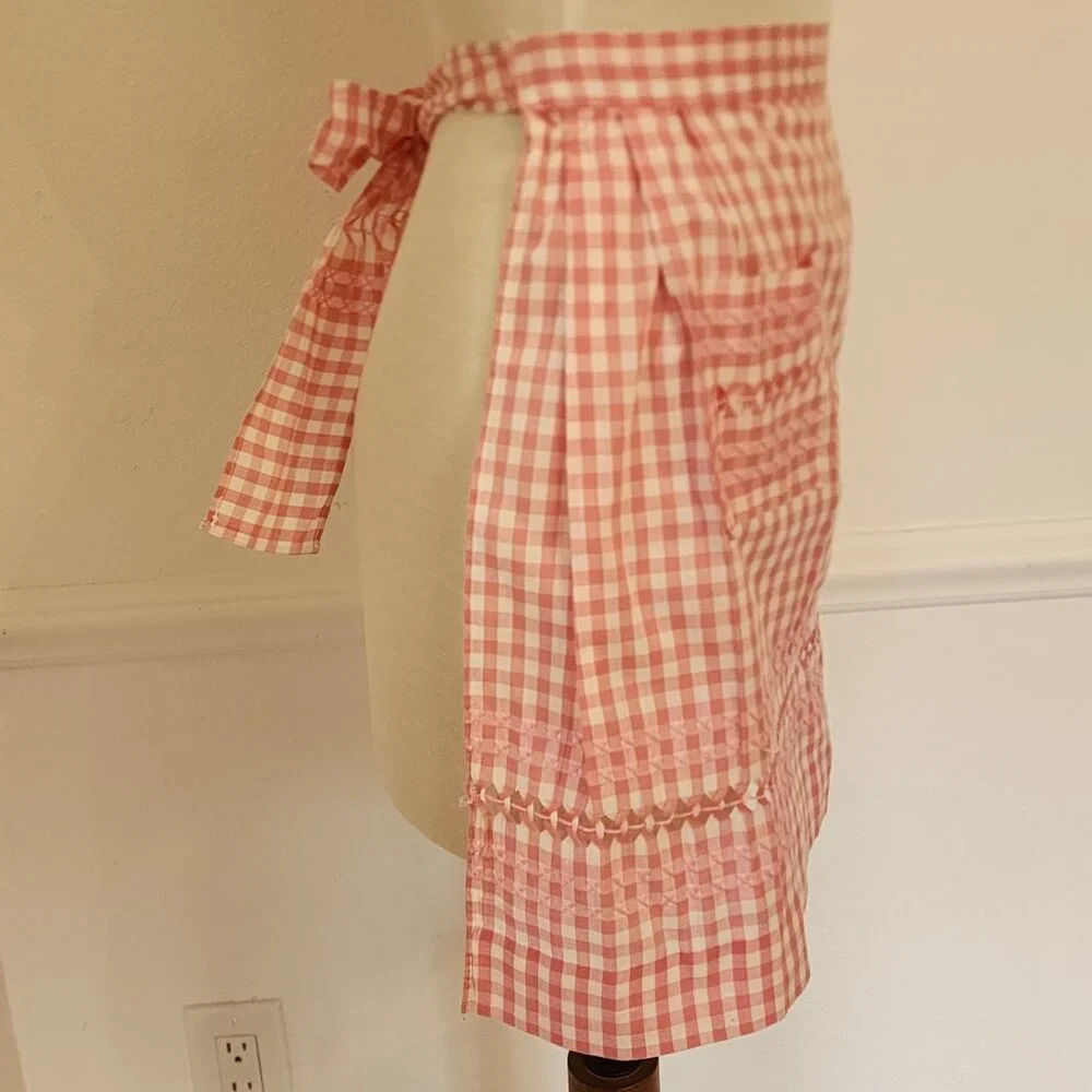 Vintage Handmade Pink & White Gingham Apron With Pocket & Bow Tie